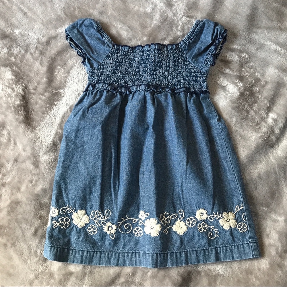 Denim dress with white embroidered flowers
